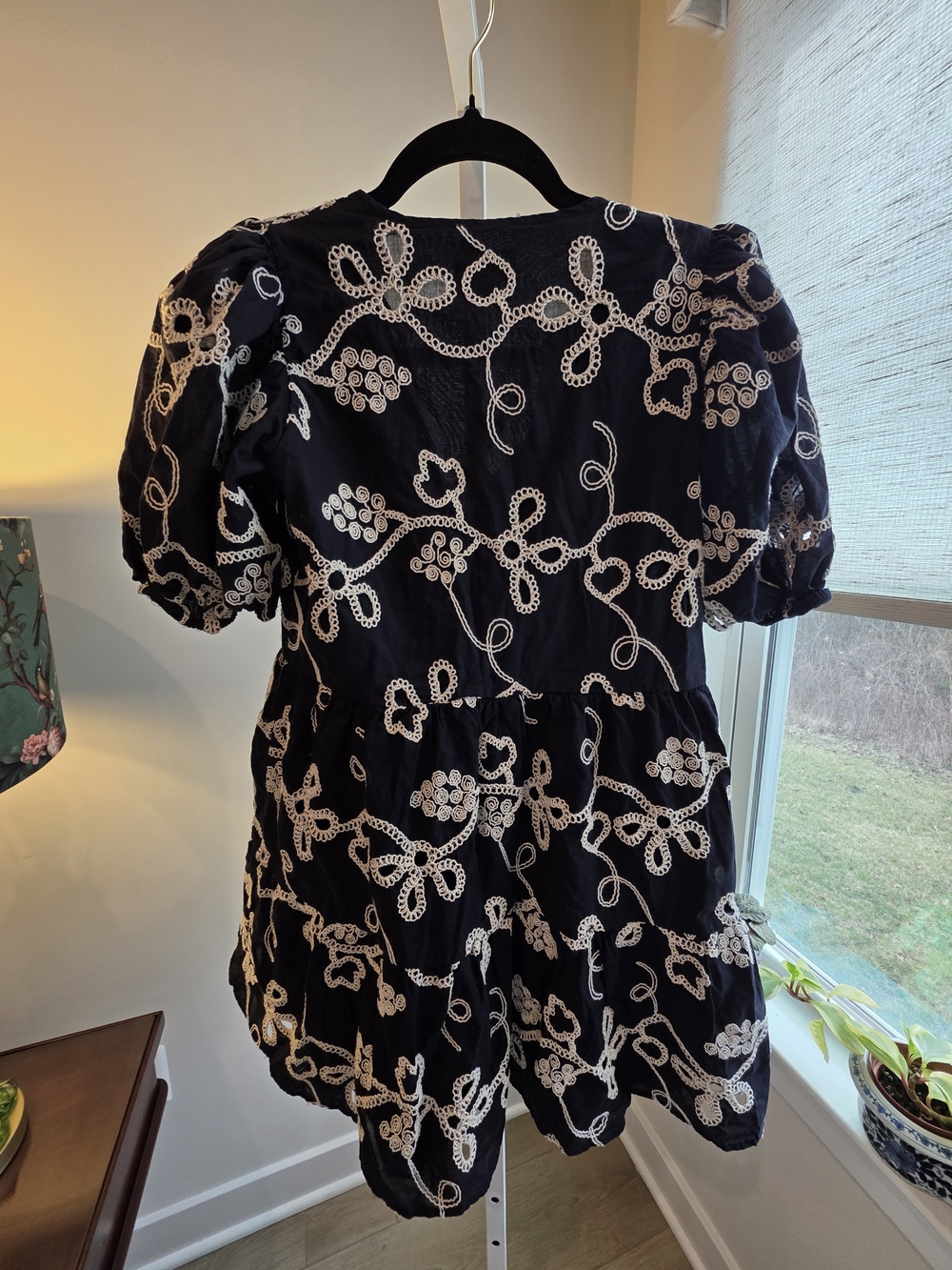 Black Embroidered Cotton Puff-Sleeve Midi Dress Cottagecore Coquette Size XS - Picture 11 of 13